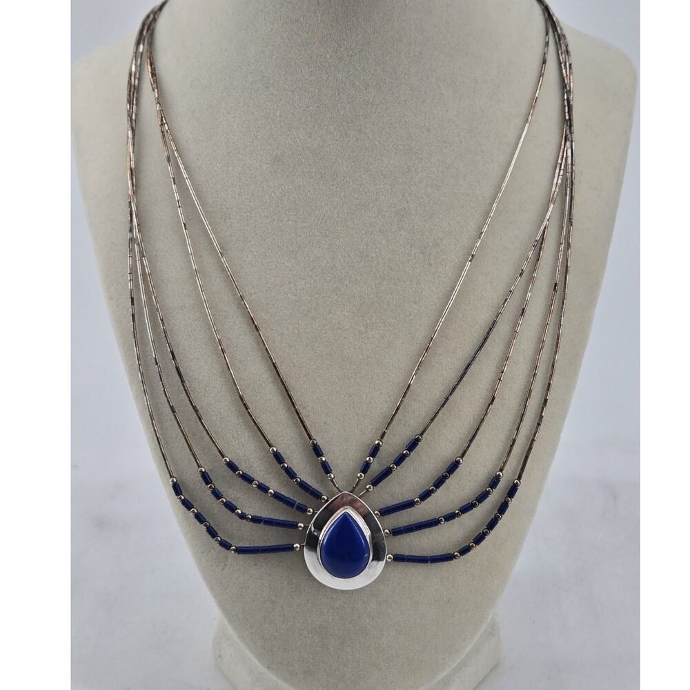 Vtg Southwestern Liquid Sterling Silver Bead Necklace Lapis Lazuli Pendant Bib